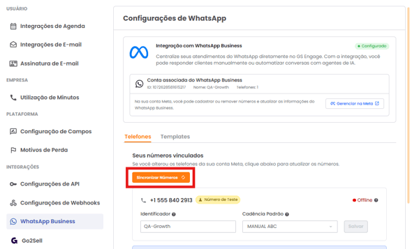 Botão Sincronizar Números na tela da integração