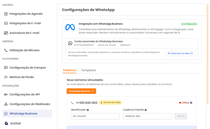 Aba Templates com a lista de templates cadastrados