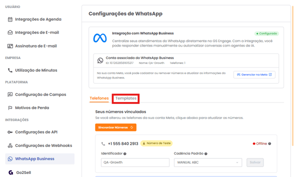 Aba Templates da integração WhatsApp Business