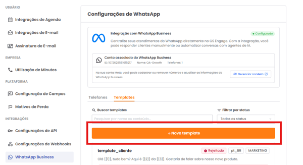 Listagem de templates com o botão +Novo template