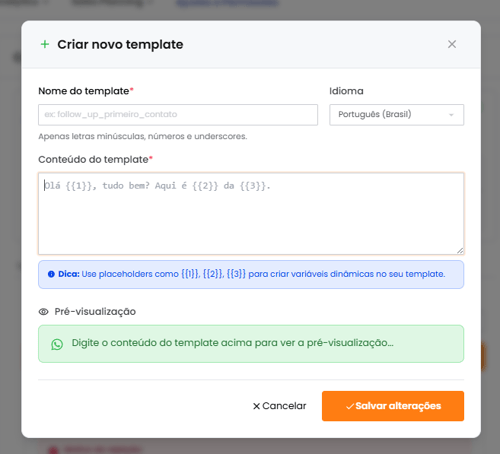 Modal de criação de template com campos de nome, idioma, conteúdo e variáveis