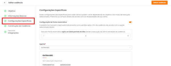 Seção Configurações Específicas da cadência
