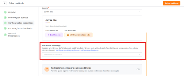 Campo Número de WhatsApp nas configurações da cadência