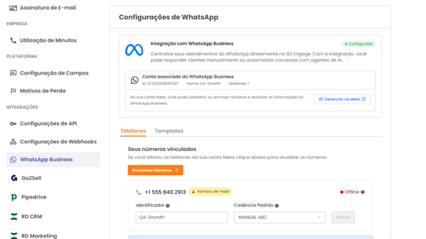 Aba Telefones da integração WhatsApp Business
