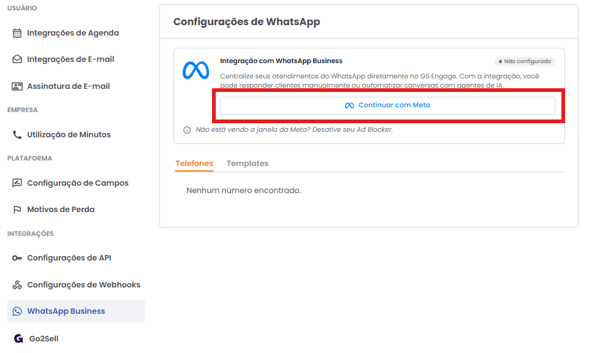 Tela de configuração da integração com o botão Continuar com Meta
