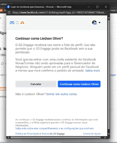 Popup de login da conta Meta