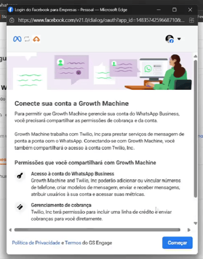 Tela inicial do fluxo de integração da Meta com o botão Começar