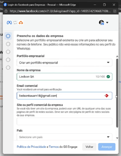 Formulário de dados da empresa no portfólio empresarial da Meta
