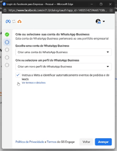 Seleção ou criação de conta do WhatsApp Business