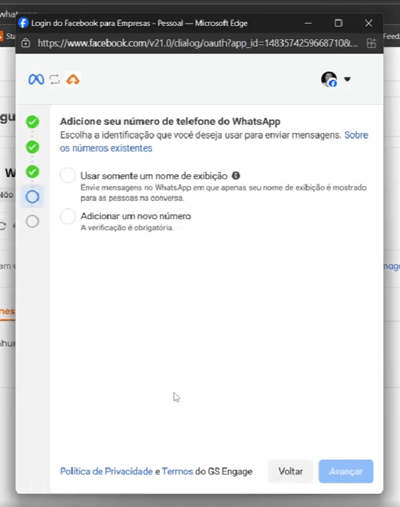 Cadastro do número de WhatsApp Business que será usado nas atividades