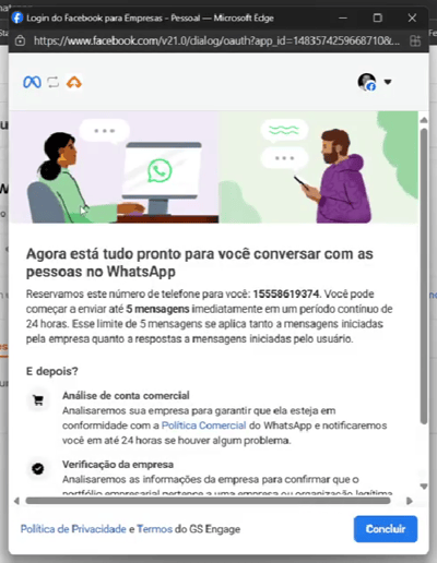 Tela final do fluxo de integração com o botão Concluir