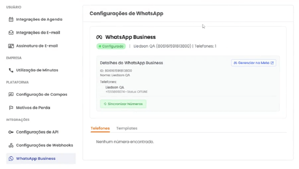 Confirmação de integração concluída com o WhatsApp Business