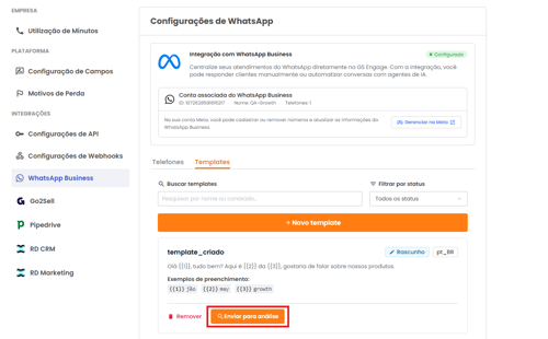 Botão Enviar para análise no template criado