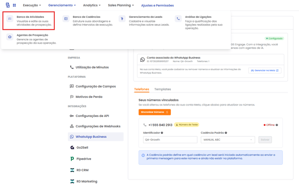 Menu Gerenciamento com a opção Banco de Atividades
