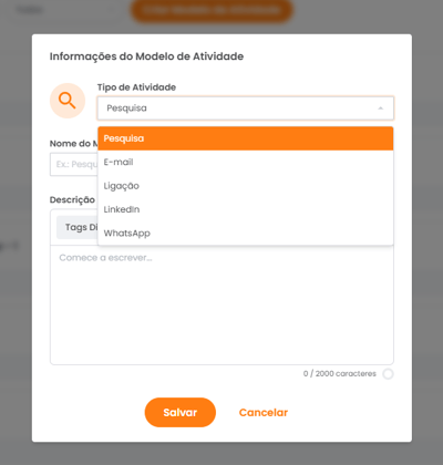 Campo Tipo de Atividade com a opção WhatsApp selecionada