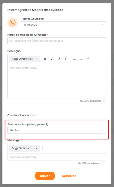 Seleção do template do WhatsApp Business no modelo de atividade
