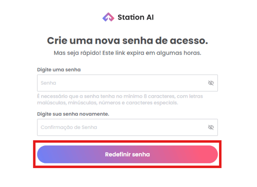 Tela para digitar e confirmar a nova senha de acesso ao Station AI