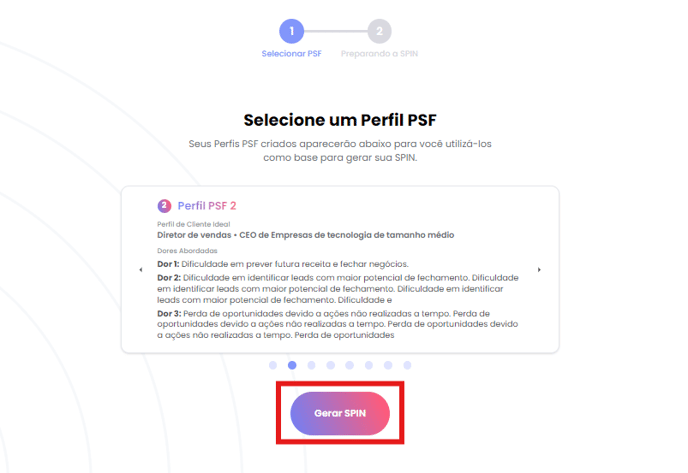 Etapa Selecionar PSF, com a lista de perfis PSF disponíveis e o botão Gerar SPIN