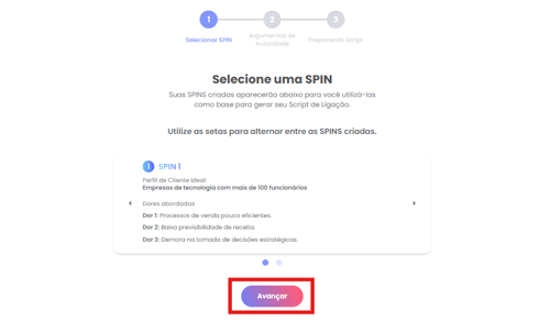 Etapa Selecionar SPIN com a lista de perfis SPIN disponíveis