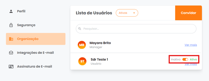 Chave de alternância ao lado direito do nome do usuário