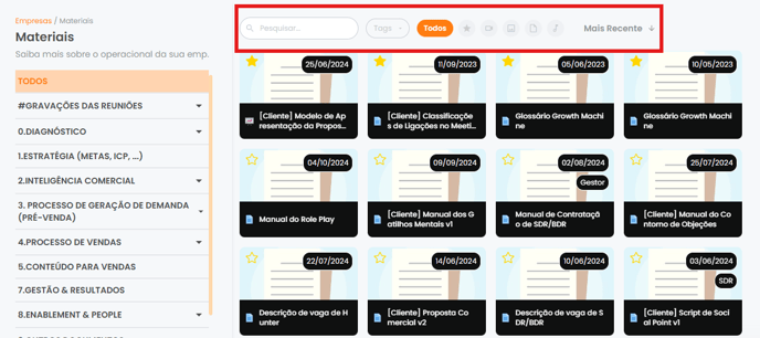 Barra de busca e ícones de filtro por tipo, tags, favoritos e data no topo da página de Materiais