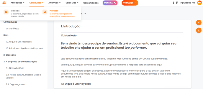 Página do Playbook aberta pelo menu Conteúdos, exibindo o conteúdo documentado da operação comercial