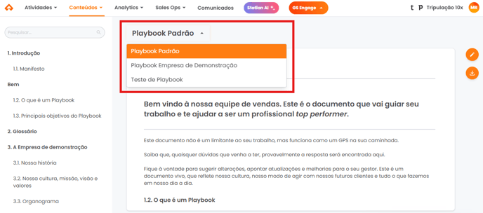 Menu superior com os playbooks disponibilizados para a empresa