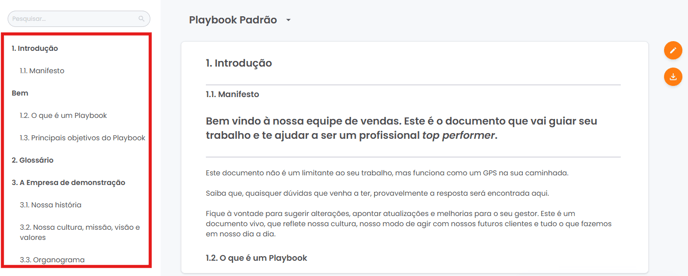 Menu lateral esquerdo usado para navegar entre os tópicos do playbook selecionado