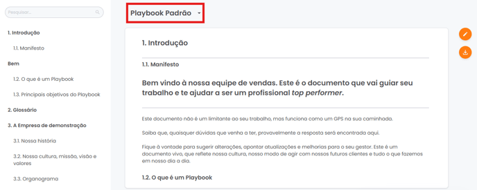 Menu superior usado para alternar entre os playbooks disponibilizados para a empresa