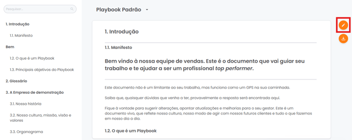 Ícone de edição no canto superior direito da página, acima do ícone de download