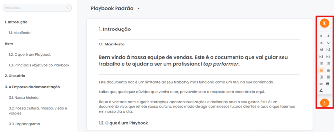 Menu de opções de edição usado para adicionar imagens, textos e links ao playbook
