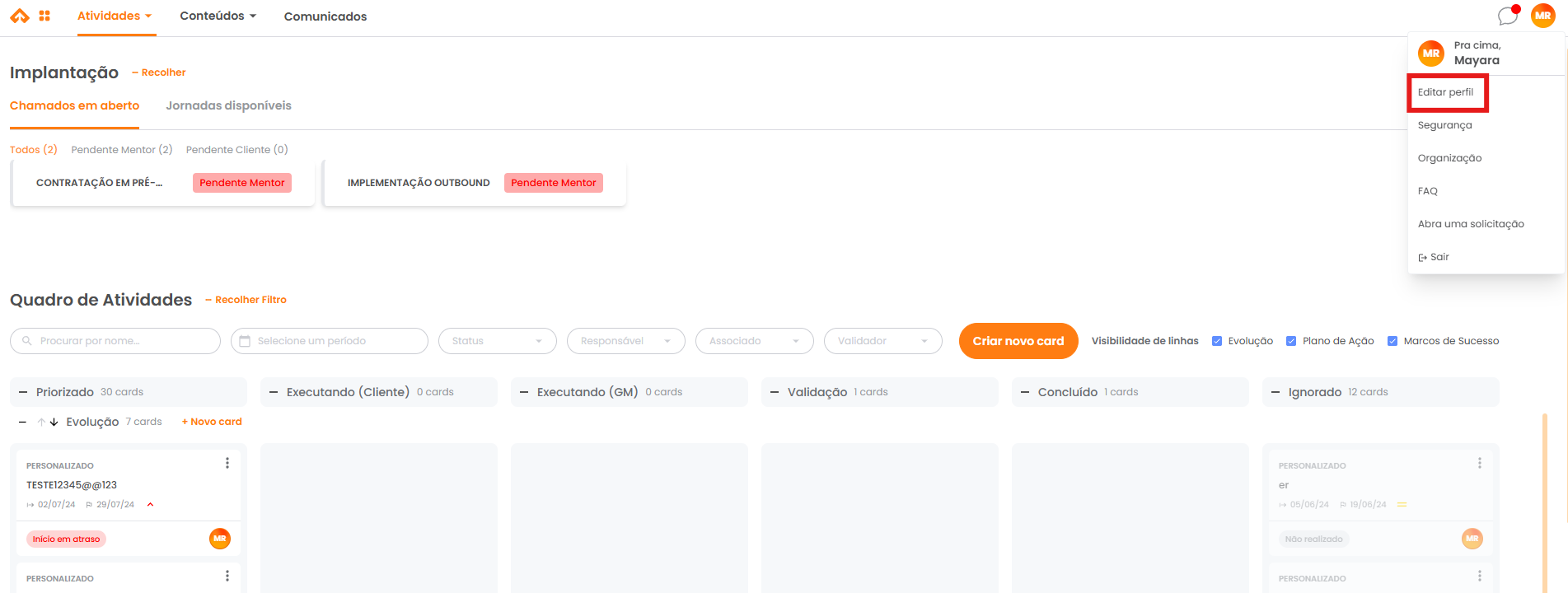 Menu do perfil no canto superior direito com a opção Editar Perfil