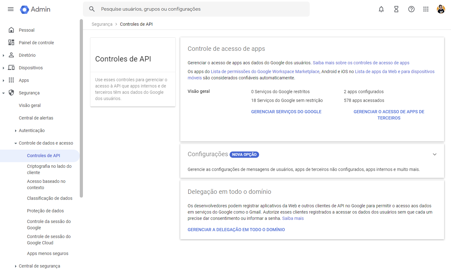 Opção Gerenciar o acesso de apps de terceiros nos Controles de API