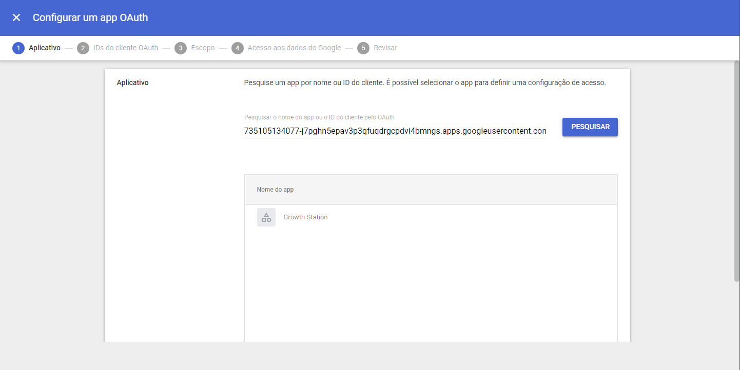 Campo de pesquisa do ID do cliente OAuth preenchido