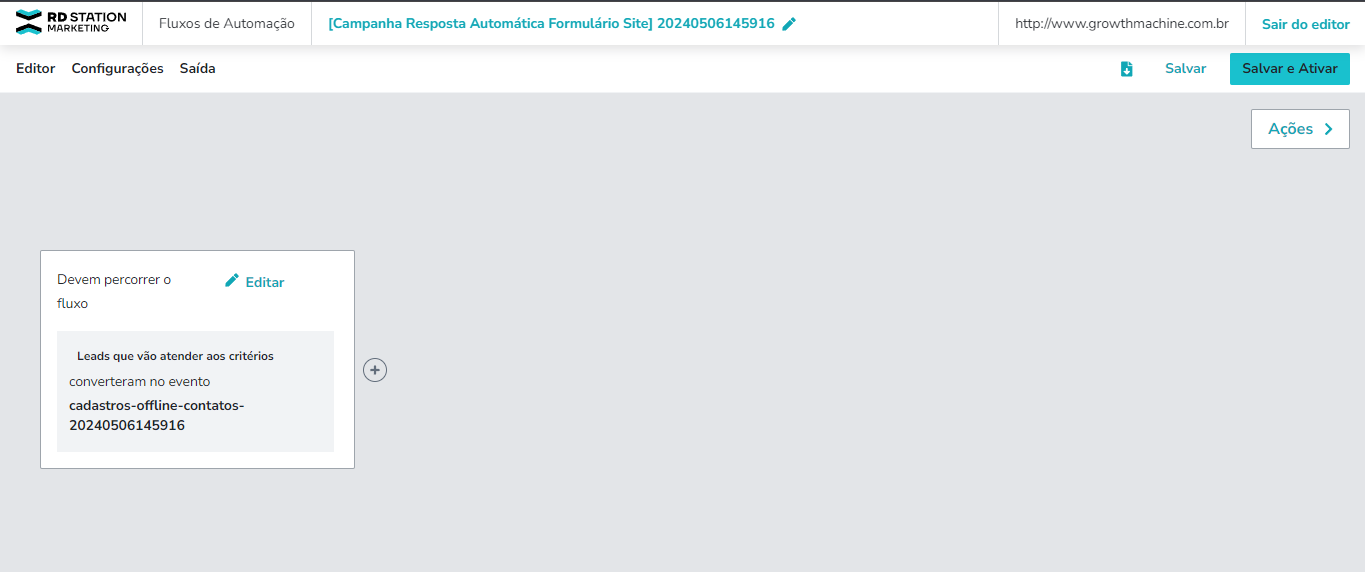 Aba Ações com a opção Enviar Leads para a integração