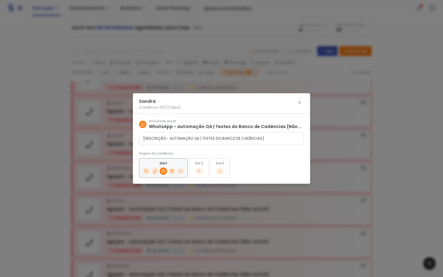 Modal com atividade atual e etapas futuras da cadência