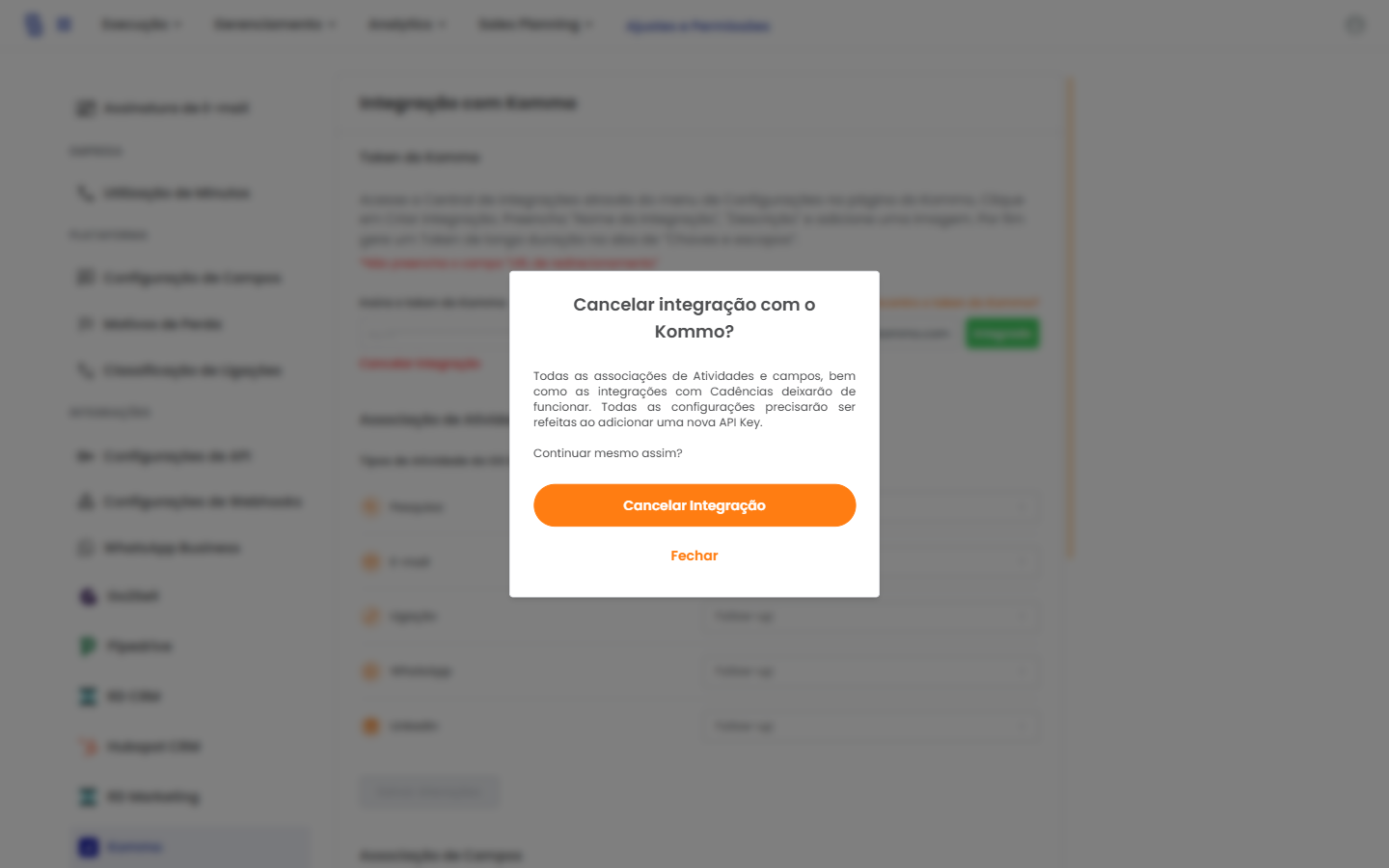 Modal de confirmação Cancelar integração com o Kommo