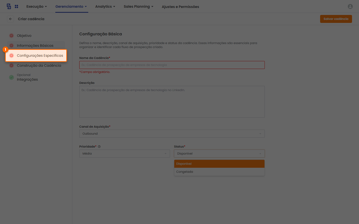 Menu lateral com o item Configurações Específicas em destaque (clique) e dropdown de Status ao fundo.