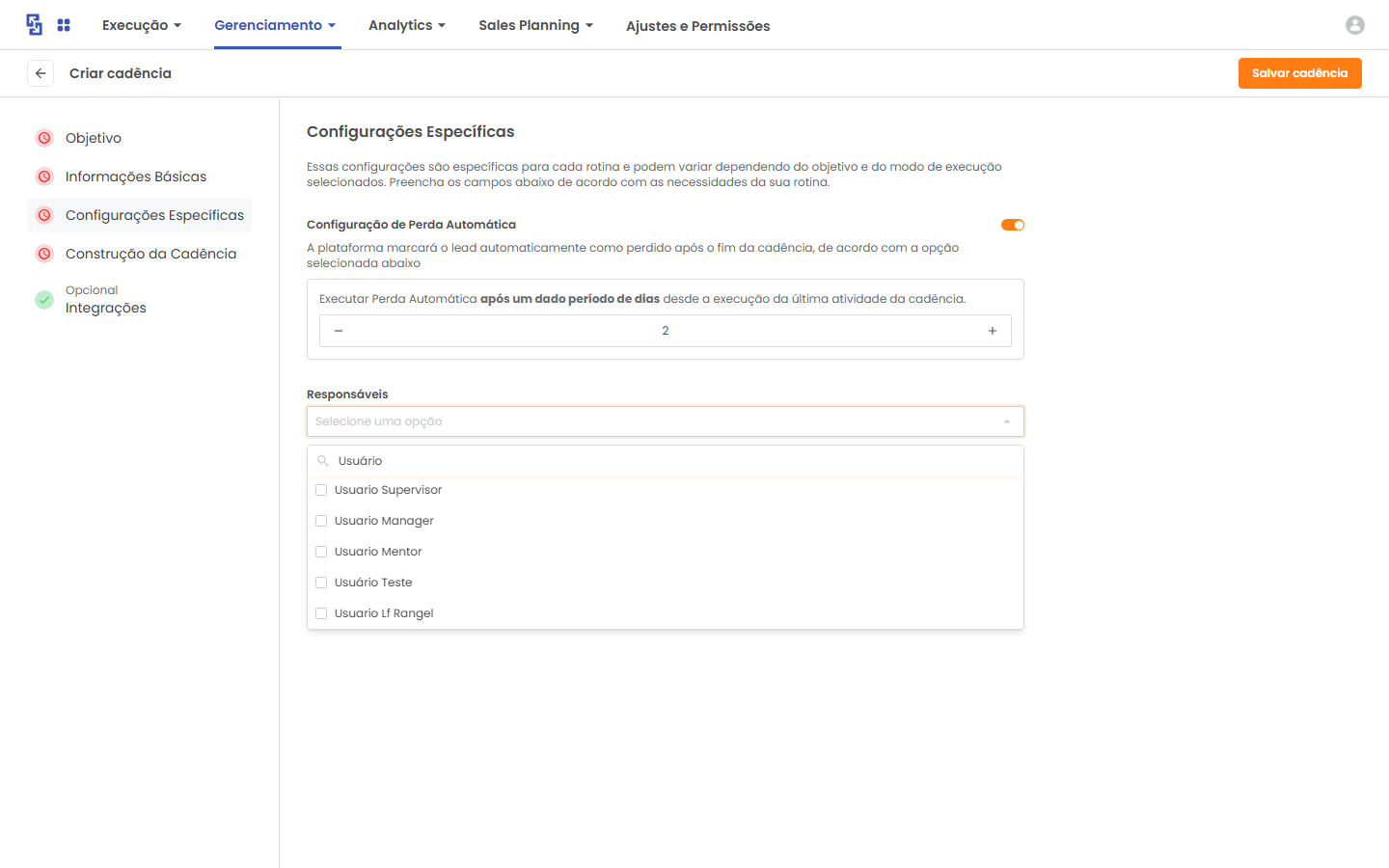 Dropdown de Responsáveis aberto com campo Pesquisar... e opções com checkbox.