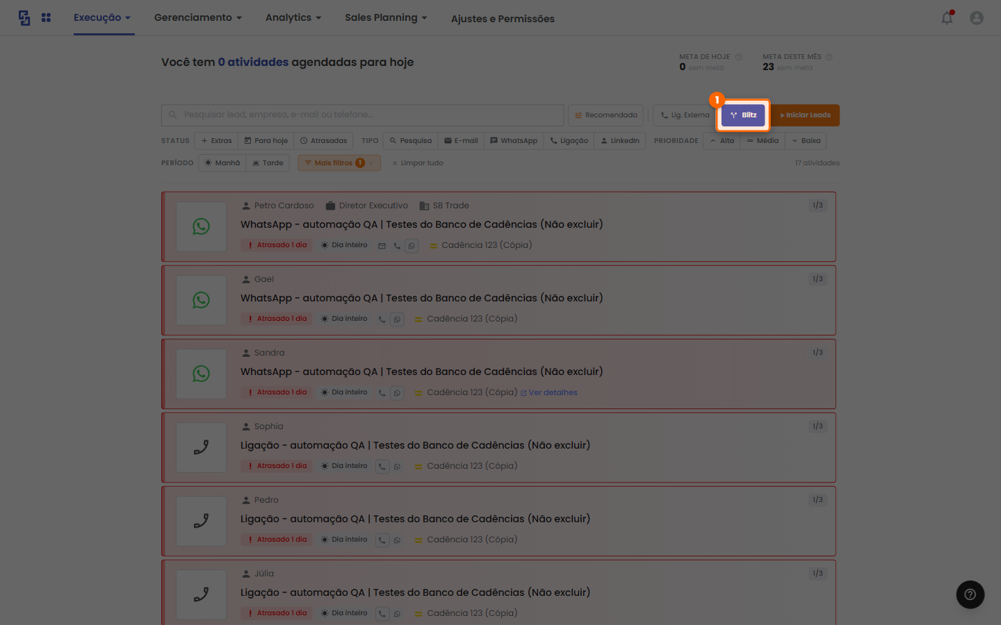 Tela inicial do Blitz na Prospecção, com o modo de discagem paralela para acelerar tentativas de contato.