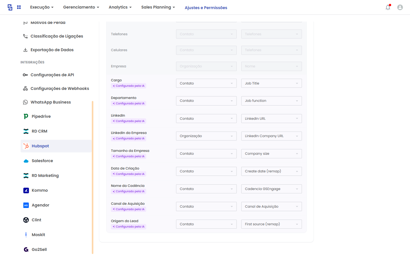 Os campos sugeridos automaticamente ficam identificados como “Configurado pela IA”.