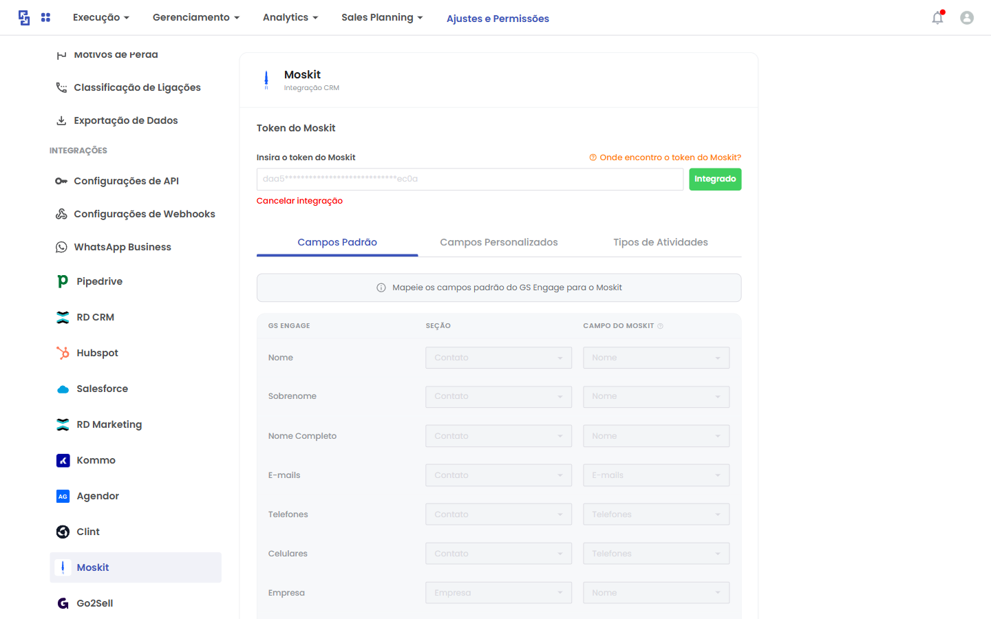 A configuração do Moskit reúne o token de acesso e as opções de mapeamento de campos.