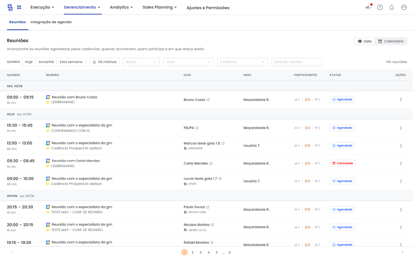 A visão em Lista reúne filtros, status, total de resultados e acesso ao Calendário.