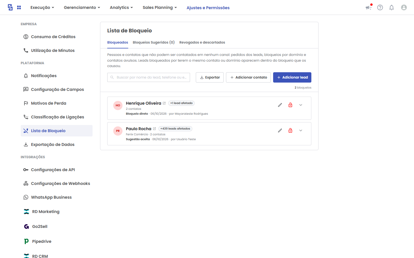 Visão geral da Lista de Bloqueio em Ajustes e Permissões