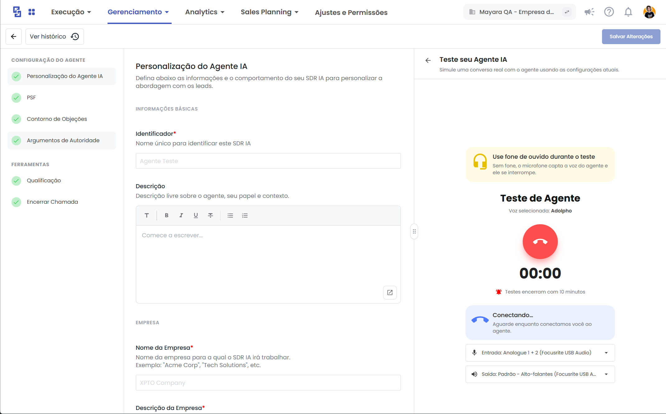 Painel de teste do Agente IA com opções de ligação e mensagens